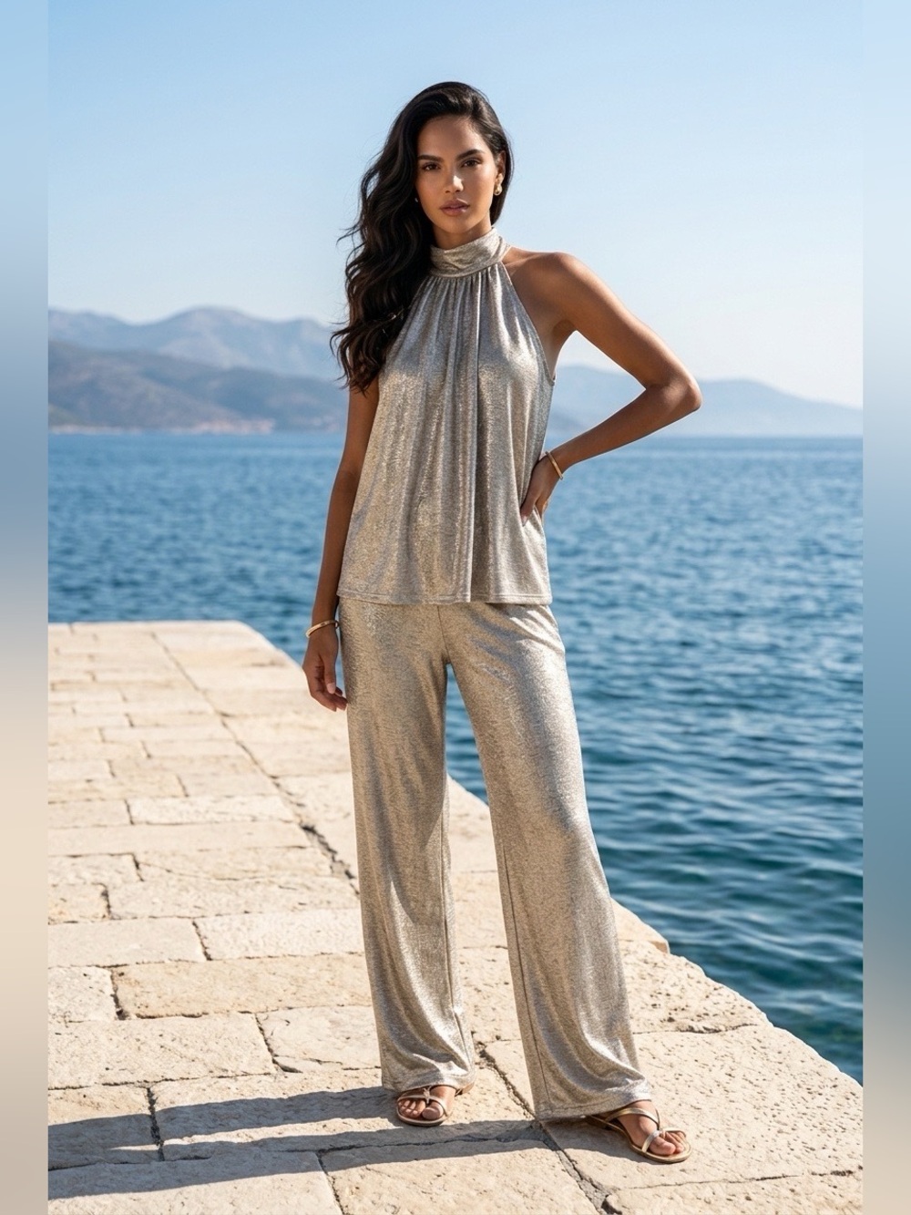Kim & Cami Silver Metallic Halter Tank Top